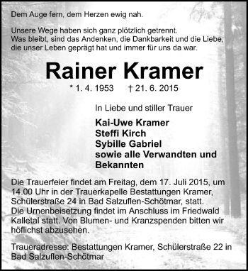 Anzeige  Rainer Kramer  Lippische Landes-Zeitung