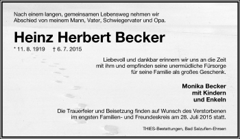 Anzeige  Heinz Herbert Becker  Lippische Landes-Zeitung