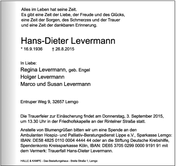 Anzeige  Hans-Dieter Levermann  Lippische Landes-Zeitung