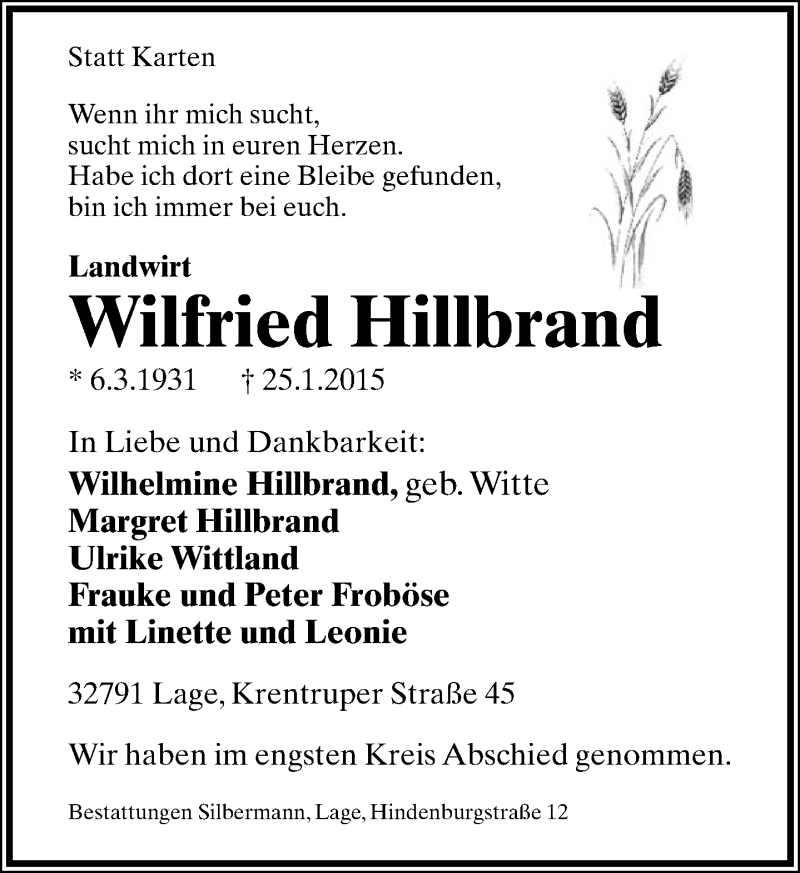  Traueranzeige für Wilfried Hillbrand vom 31.01.2015 aus Lippische Landes-Zeitung