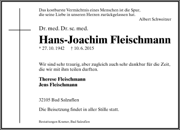 Anzeige  Hans-Joachim Fleischmann  Lippische Landes-Zeitung