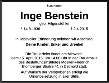 Anzeige  Inge Benstein  Lippische Landes-Zeitung
