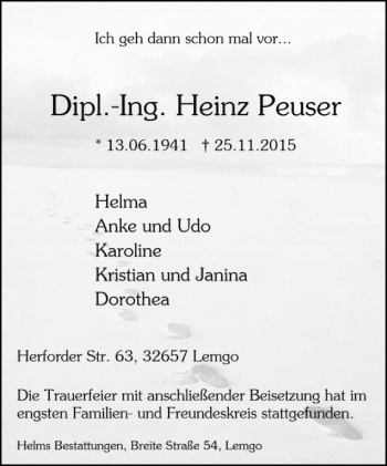 Anzeige  Heinz Peuser  Lippische Landes-Zeitung