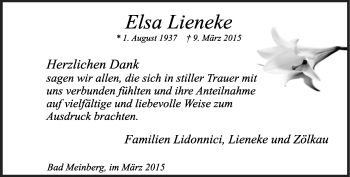 Anzeige  Elsa Lieneke  Lippische Landes-Zeitung