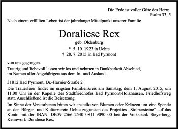 Anzeige  Doraliese Rex  Lippische Landes-Zeitung