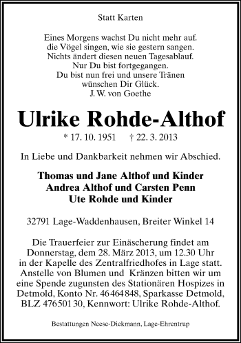 Anzeige  Ulrike Rohde-Althof  Lippische Landes-Zeitung