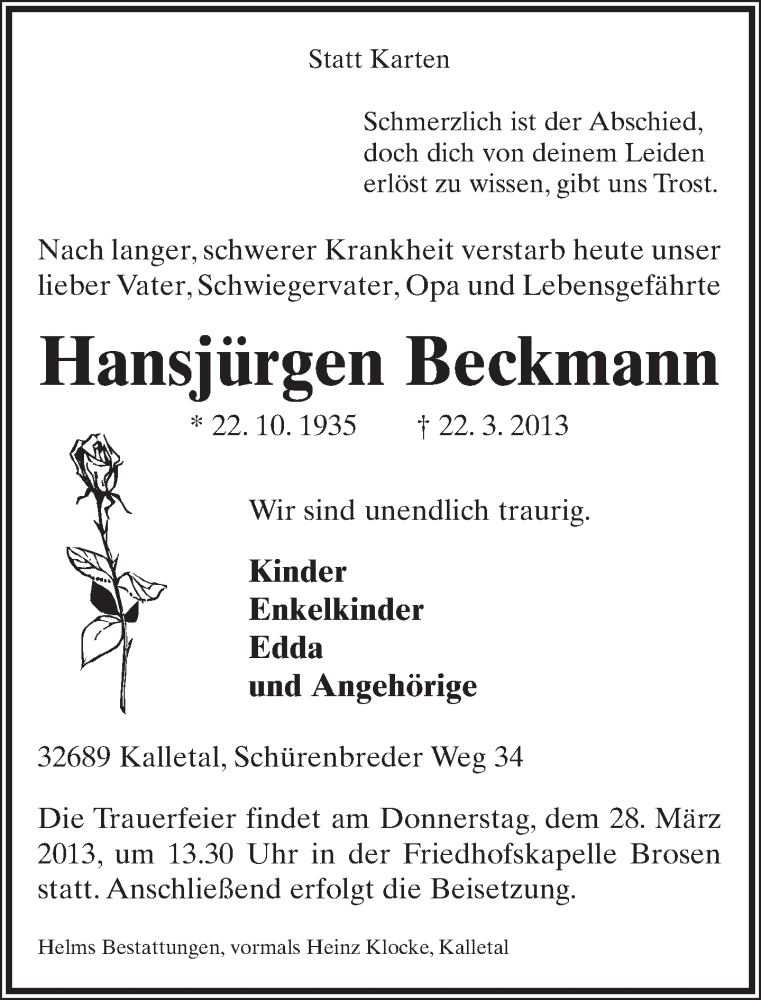  Traueranzeige für Hansjürgen Beckmann vom 25.03.2013 aus Lippische Landes-Zeitung