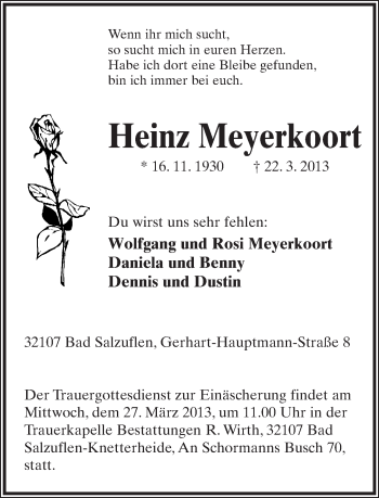 Anzeige  Heinz Meyerkoort  Lippische Landes-Zeitung