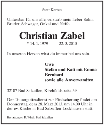 Anzeige  Christian Zabel  Lippische Landes-Zeitung