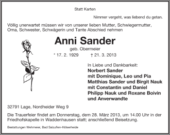 Anzeige  Anni Sander  Lippische Landes-Zeitung