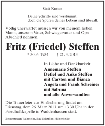 Anzeige  Fritz Steffen  Lippische Landes-Zeitung