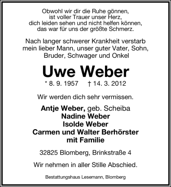 Anzeige  Uwe Weber  Lippische Landes-Zeitung