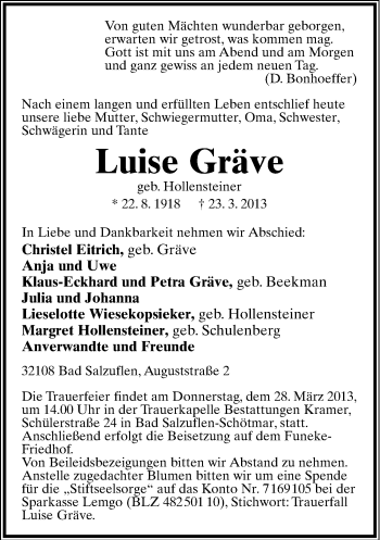 Anzeige  Luise Gräve  Lippische Landes-Zeitung