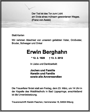 Anzeige  Erwin Berghahn  Lippische Landes-Zeitung