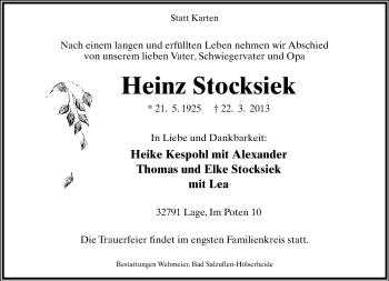 Anzeige  Heinz Stocksiek  Lippische Landes-Zeitung