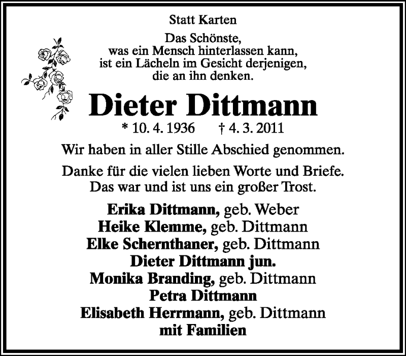  Traueranzeige für Dieter Dittmann vom 19.03.2011 aus Lippische Landes-Zeitung