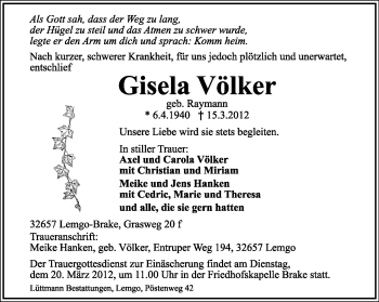 Anzeige  Gisela Völker  Lippische Landes-Zeitung
