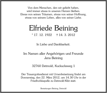 Anzeige  Elfriede Beining  Lippische Landes-Zeitung