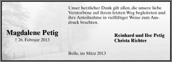 Anzeige  Magdalene Petig  Lippische Landes-Zeitung