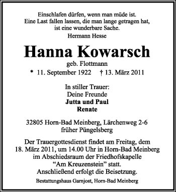 Anzeige  Hanna Kowarsch  lippische landes-zeitung