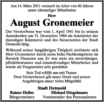 Anzeige  August Gronemeier  lippische landes-zeitung