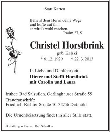 Anzeige  Christel Horstbrink  Lippische Landes-Zeitung