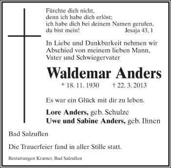 Anzeige  Waldemar Anders  Lippische Landes-Zeitung