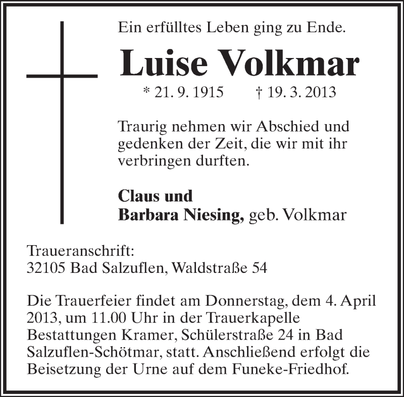  Traueranzeige für Luise Volkmar vom 29.03.2013 aus Lippische Landes-Zeitung