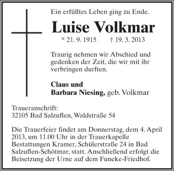 Anzeige  Luise Volkmar  Lippische Landes-Zeitung