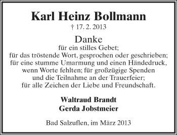 Anzeige  Karl Heinz Bollmann  Lippische Landes-Zeitung