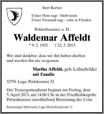 Anzeige  Waldemar Affeldt  Lippische Landes-Zeitung