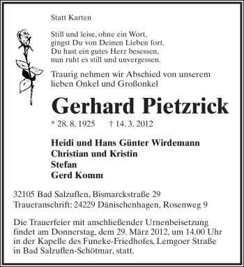 Anzeige  Gerhard Pietzrick  Lippische Landes-Zeitung
