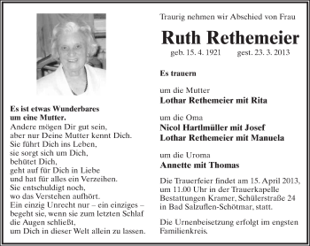 Anzeige  Ruth Rethemeier  Lippische Landes-Zeitung