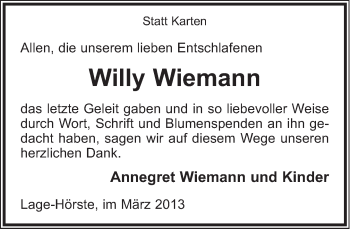 Anzeige  Willy Wiemann  Lippische Landes-Zeitung