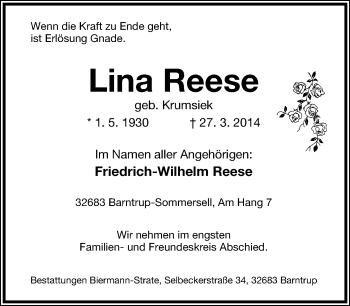 Anzeige  Lina Reese  Lippische Landes-Zeitung