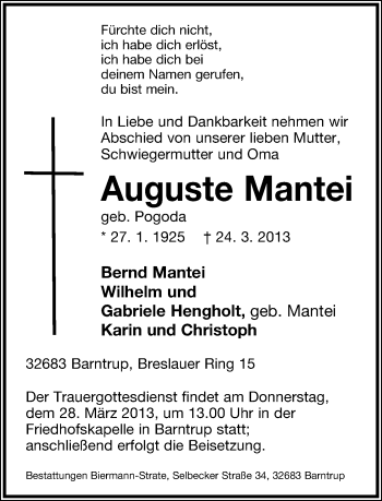 Anzeige  Auguste Mantei  Lippische Landes-Zeitung