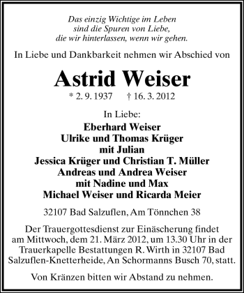 Anzeige  Astrid Weiser  Lippische Landes-Zeitung