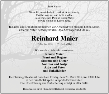 Anzeige  Reinhard Maier  Lippische Landes-Zeitung