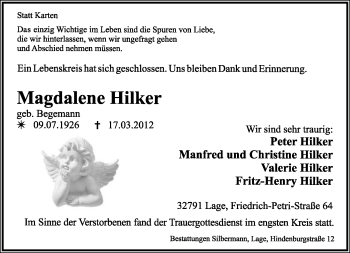 Anzeige  Magdalene Hilker  Lippische Landes-Zeitung