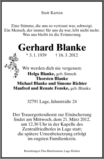 Anzeige  Gerhard Blanke  Lippische Landes-Zeitung