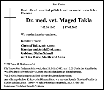 Anzeige  Maged Takla  Lippische Landes-Zeitung