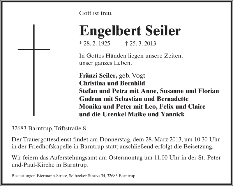 Traueranzeige für Engelbert Seiler vom 26.03.2013 aus Lippische Landes-Zeitung