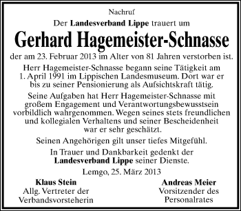 Anzeige  Gerhard Hagemeister-Schnasse  Lippische Landes-Zeitung