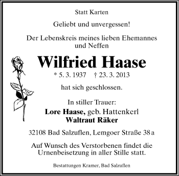 Anzeige  Wilfried Haase  Lippische Landes-Zeitung