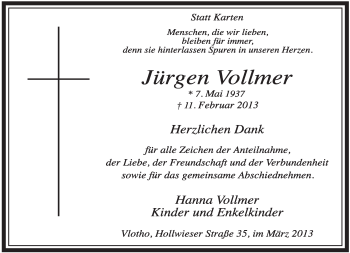Anzeige  Jürgen Vollmer  Lippische Landes-Zeitung