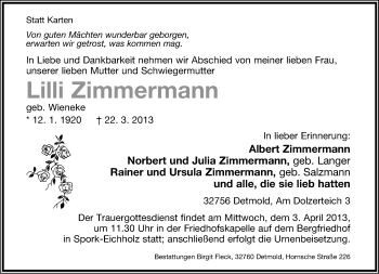 Anzeige  Lilli Zimmermann  Lippische Landes-Zeitung