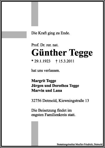 Anzeige  Günther Tegge  Lippische Landes-Zeitung
