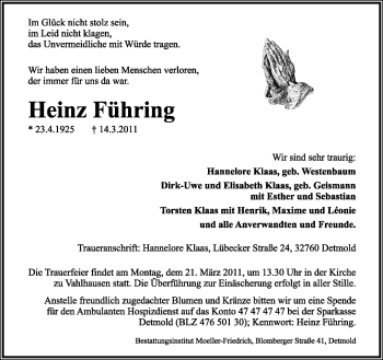 Anzeige  Heint Führing  Lippische Landes-Zeitung