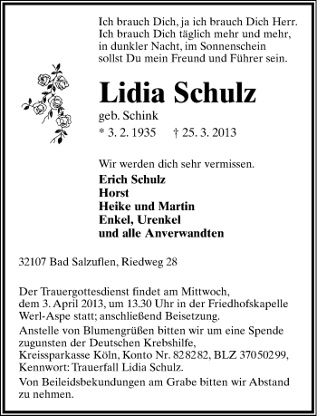 Anzeige  Lidia Schulz  Lippische Landes-Zeitung