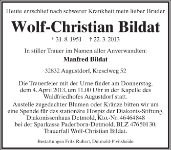 Anzeige  Wolf-Christian Bildat  Lippische Landes-Zeitung